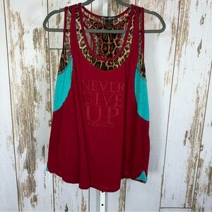 Cowgirl Tuff Co, Vibrant Red and Teal Tank, Never Give Up Embroidered. Size XXL.
